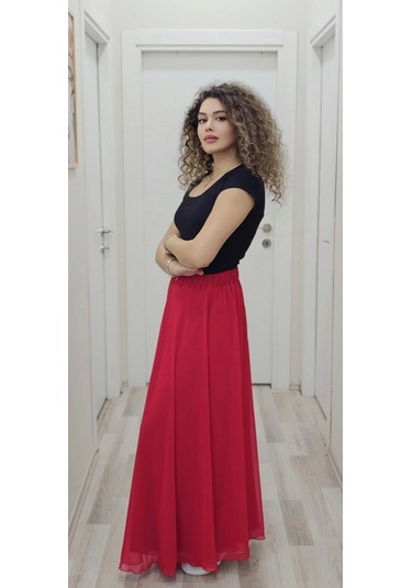 Bel Lastikli Kloş Şifon Etek 6003-kırmızı Kırmızı