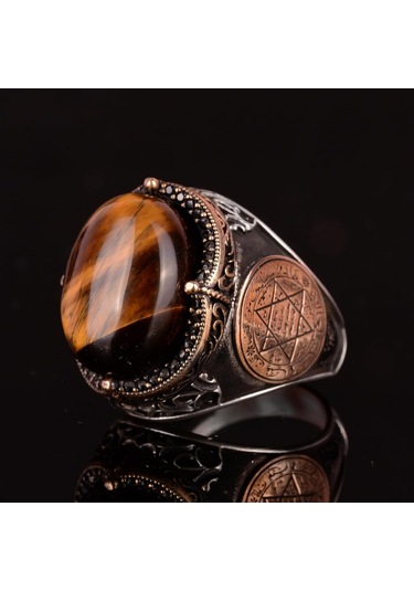 Doğal Taş Yüzük Davut Yıldızı Erkek Yüzüğü 925k Gümüş Erkek Yüzüğü Kaplan Gözü İle Cesur Tasarım Gümüş