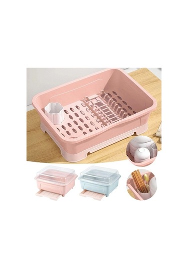 Pazly Kapaklı Plastik Bulaşık Kurutma Rafı - Mutfak Çatal Bıçak Tepsisi - Pembe Renk - Kullanışlı Mutfak Malzemeleri Pembe