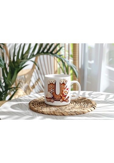 U Kurabiye Harf Ve Ayıcık Detaylı Kupa Bardak - Yeni Yıl / Yılbaşı Temalı Tasarım - Noel Hediye Beyaz