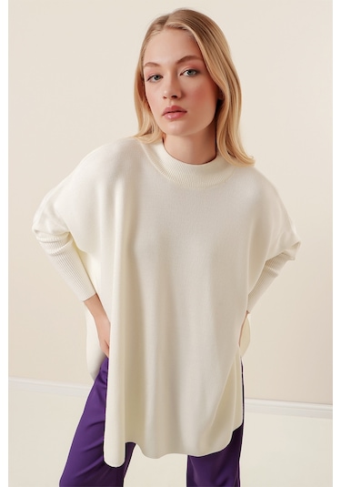 Bigdart 15783 Yırtmaçlı Panço Kazak - Beyaz 001