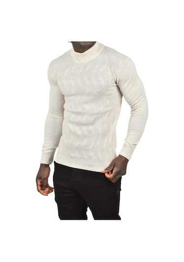 Deepsea Erkek Bej Dar Kesim Yarım Balıkçı Yaka Desenli Triko Yarım Boğazlı Kazak 2505505 Bej