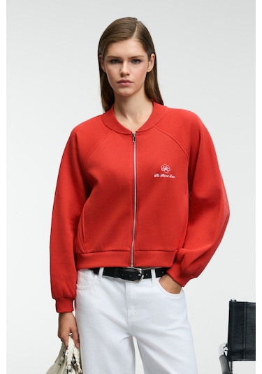 Grımelange Yasvell Kadın Metal Fermuarlı Çift Cepli Nakış Detaylı Balon Kollu Bomber Kırmızı Ceket Kırmızı