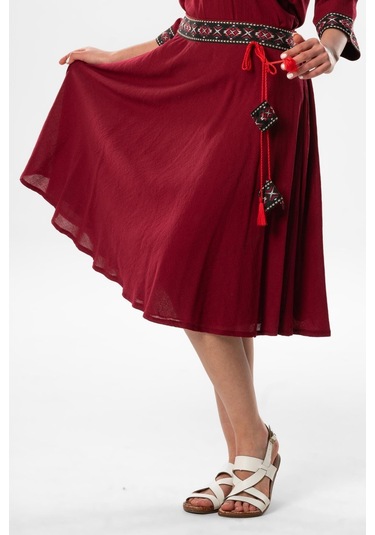 Talya Şile Bezi Püskül Detay Nakışlı Midi Boy Yazlık Etek Bordo Brd-bordo Bordo
