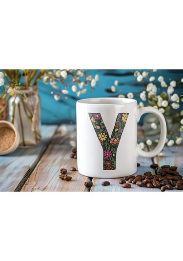 Y Baş Harf Çiçek Desenleri İle Natural Tarz Kupa Bardak - Kişiye Özel Çiçekli Kahve Çay Bardak - Beyaz