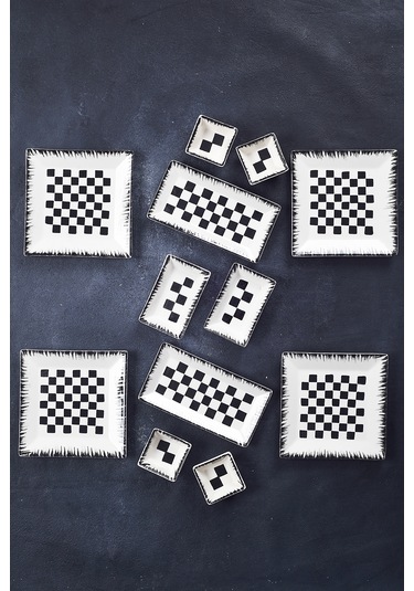 Piatti Naturali 12 Parça 4 Kişilik Dama Kahvaltı Takımı Handmade Sunum Set Siyah