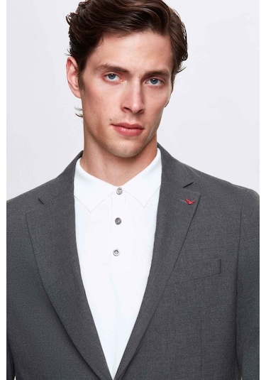 D's Damat Slim Fit Gri Düz Likralı Esnek Mono Yaka Çift Yırtmaçlı Astarlı Takim Elbise Gri