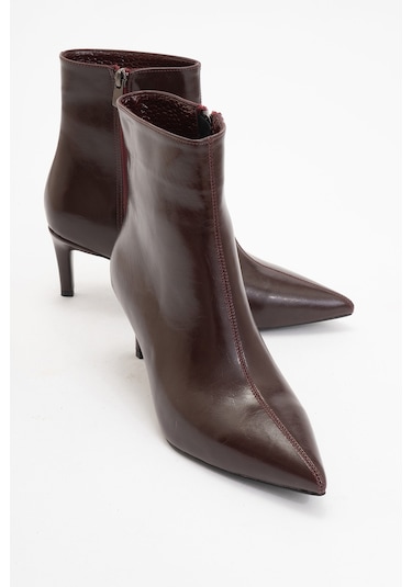 Noya Bordo Cilt Sivri Burun Kadın İnce Topuklu Bot Bordo