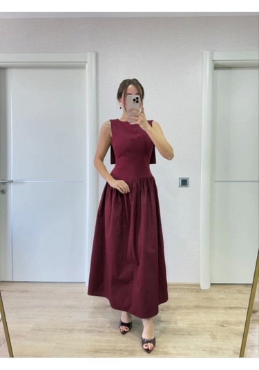 Arkası Kanatlı Uzun Elbise- Bordo Bordo