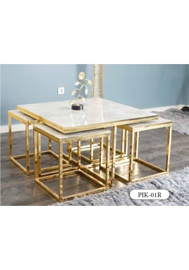 Mim Rambla - Gold Kare 4+1 Pizza Orta Sehpa Gold - Beyaz Mermer