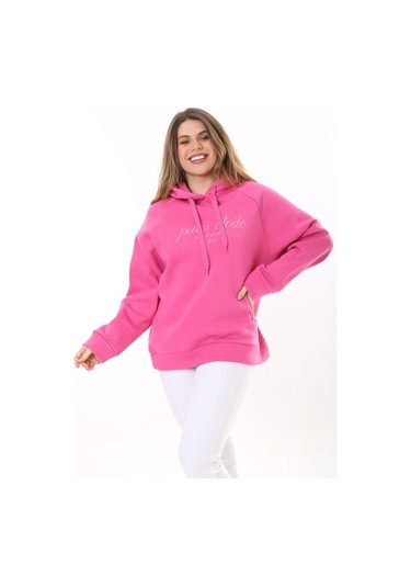 Kadın Büyük Beden Bebe Mavisi İçi Şardonlu 3 İplik Kumaş Kapşonlu Sweatshirt 65n37575-pembe Pembe