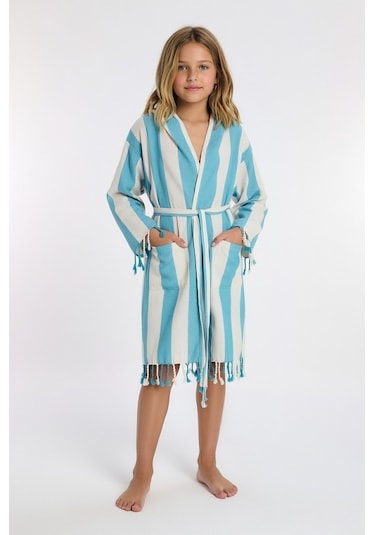Çocuk Striped Peştamal Bornoz %100 Pamuk Unisex Mavi