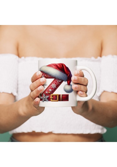 Z Harfi Yılbaşı Temalı Bardak 330 Ml Harfli Kişiye Özel Hediye - Yeniyıl / Noel Şapka Tasarım Beyaz