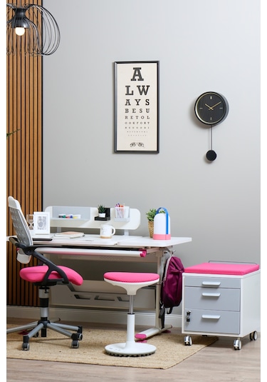 Vega Basic Yükseklik Ve Eğim Ayarlı Beyaz Çalışma Masası, Çekmeceli Bilgisayar Ve Ofis Masası, Fuşya Gri