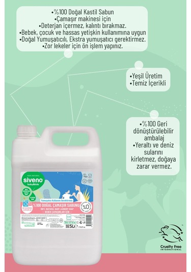 Siveno %100 Doğal Bebek Çamaşır Sabunu Kendinden Yumuşatıcılı Bitkisel Deterjan Vegan 5000 ml