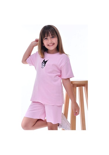 Ribana Beybi Overlok Detaylı Kuromi Nakışlı Alt-üst Takım Pembe