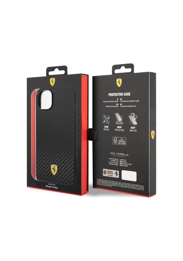 İphone Uyumlu 14 Plus Kılıf Ferrari Lisanslı Magsafe Uyumlu Karbon İtalyan Bayrak Dizayn Kapak Siyah