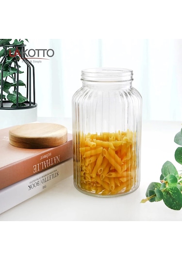 Bambu Kapaklı Cam Çizgili Erzak Kavanozu 3700 Ml Şeffaf