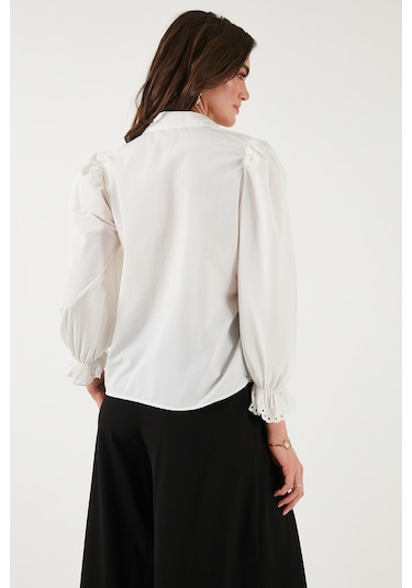 Lela Pamuklu Slim Fit Nakışlı Balon Kol Bayan Gömlek 676208 Ekru