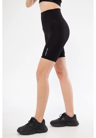 Lesa Wear Fitilli Yüksek Bel Likralı Toparlayıcı Kısa Şort Tayt Siyah