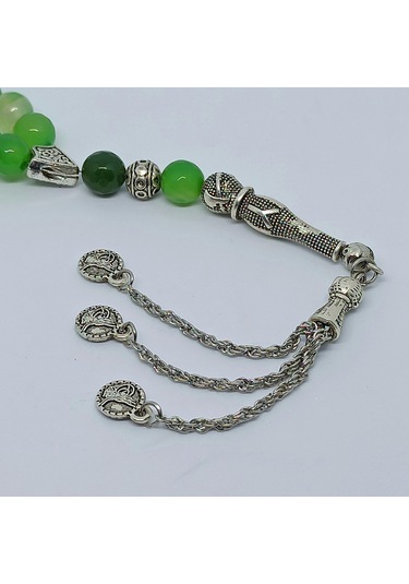 Kesebe Doğal Yeşil Akik Jade Yeşim Taşlı Tespih - El Yapımı Koleksiyonluk Parça Çok Renkli