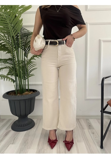 Keymoda Kadın Wide Leg Kemerli Bej Jean