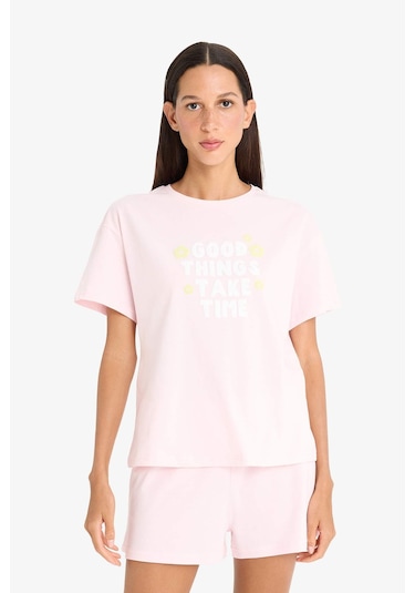 Defacto Pijama Takımı Kısa Kollu Üst Esnek Belli Şort-fall İn Love F4678ax25smpn648 Pembe