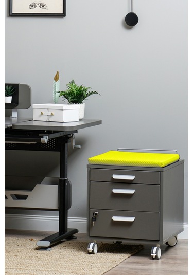 Creo Mobili Çekmeceli Kilitli Tekerlekli Vega Keson, Oturulabilir Ofis Ve Ev Komodini, Antrasit/sarı