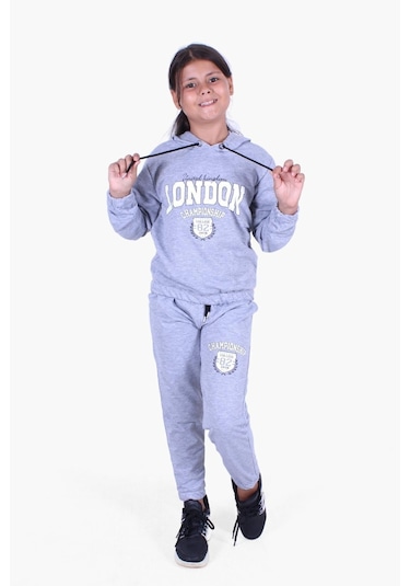 Fyk Kids Kız Çocuk Yuvarlak Yaka Baskılı Eşofman Takımı Gri Melanj