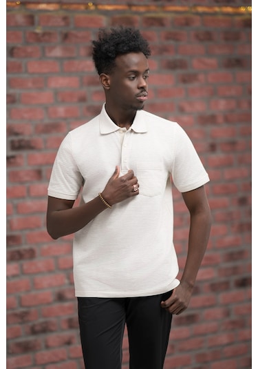 Advante Rahat Kesim Örme Dokumalı Cepli Polo Yaka T-shirt krem