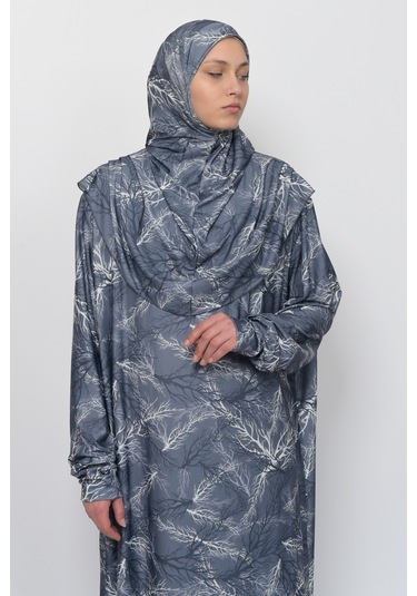 Pratik Tek Parça Ağaç Desenli Kollu Tak Çıkar Başörtülü Likralı Tesettür Namaz Elbisesi 990-0705 Gri Antrasit