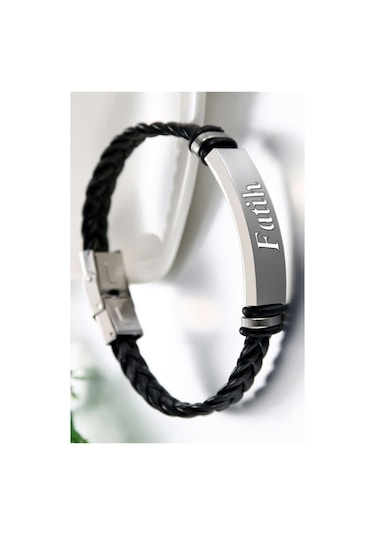 Kişiye Isimli Deri Beyaz Çelik Erkek Bileklik Scb15