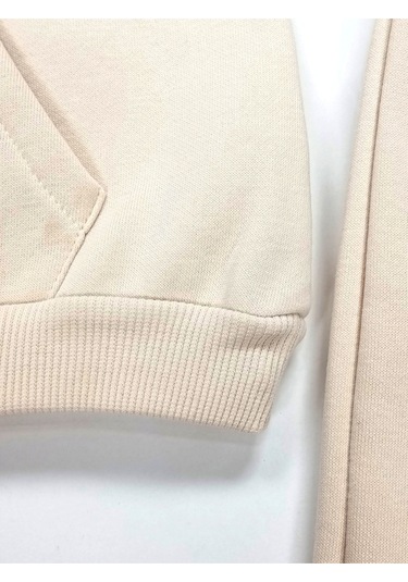 Ekru Sevimli Kabartma Baskılı Kapşonlu 3 İplik İkili Bebek Takımı Ekru