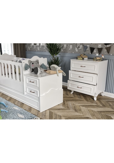 KznHome Kartopu Country Tarzı Bebek Odası Takımı - 3 Parçalı Tamamı MDF Beyaz
