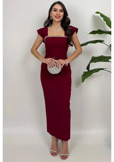 Valentia Madonna Yaka Taş İşlemeli Kalem Bordo Abiye Elbise, Zarif Davet Elbisesi Bordo