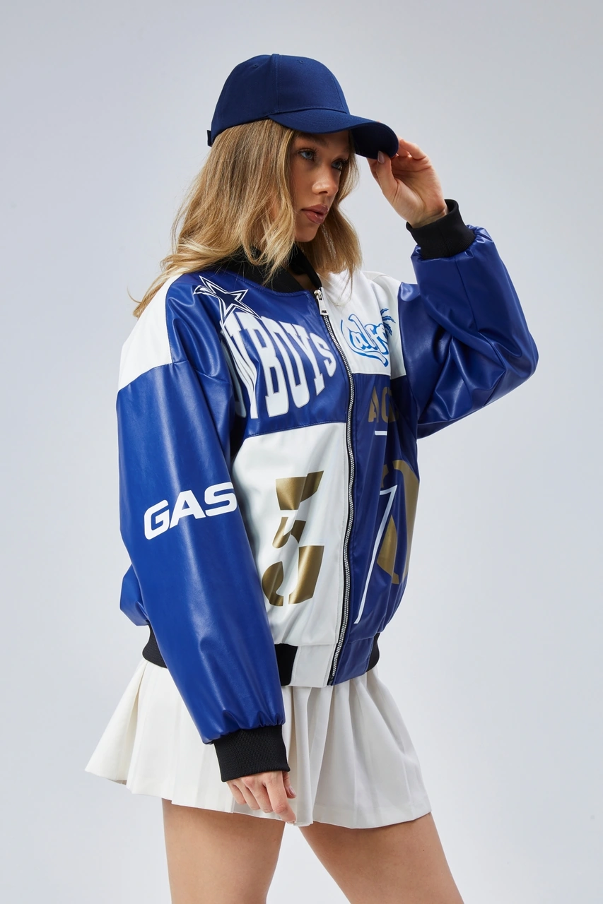 Kadın Oversize Baskılı Deri Motorcu Montu Fermuarlı Yarışçı Ceket Astarlı Bomber Kolej Mont Mavi