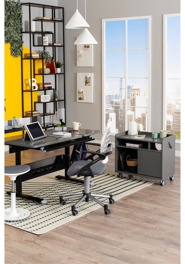 Creo Mobili Sürgü Kapaklı Organizer Smart Keson, Frenli Tekerlekli Ofis Ve Ev Komodini, Antrasit