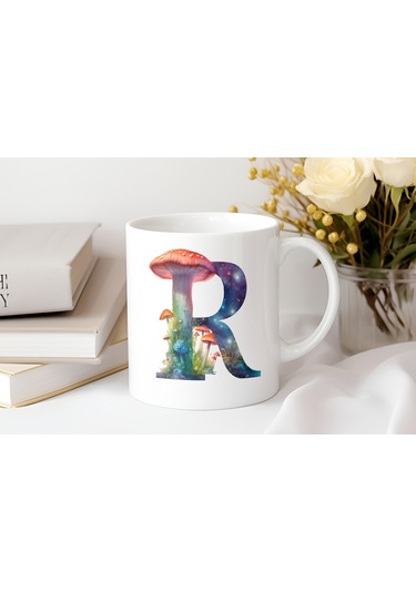 R Baş Harfi Fantastik Mantarlı Kupa Bardak - Kişiye Özel Masalsı Bardak - Hediye Beyaz