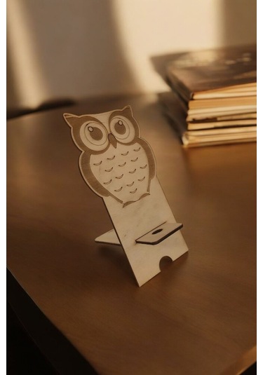 1 Fark - Ahşap Masaüstü Figürlü Telefon Standı -  Baykuş - Beyaz