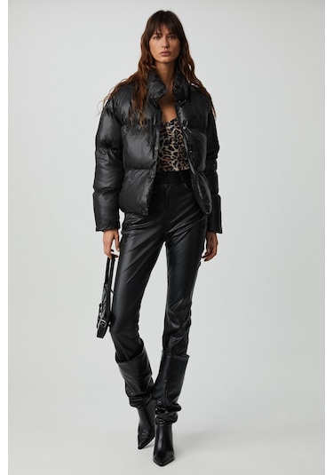 KEIRAN Kadın Dik Yaka Astarlı Parlak Siyah Mont