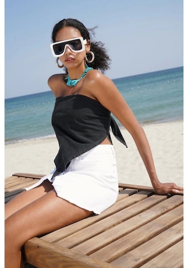 Defymoda Bağlamalı Denim Crop Siyah