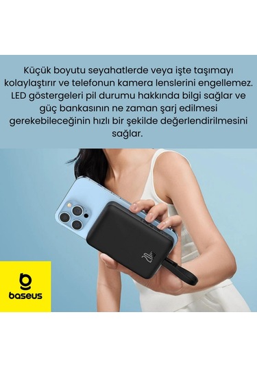 Baseus 20w 10000mah İphone Lightning Kablolu Ve Kablosuz Şarjlı Magsafeli Süper Hızlı Powerbank Siyah