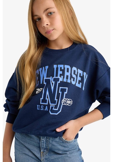 Defacto Kız Çocuk Relax Fit Bisiklet Yaka Baskılı Sweatshirt E8894a825aunv241 Lacivert