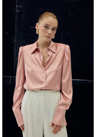 Sateen Vatkalı Saten Gömlek - Pembe-136730 Pembe