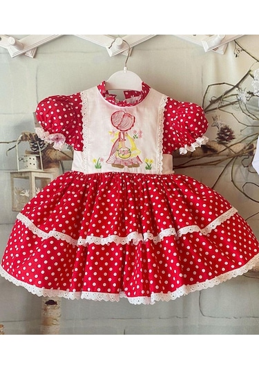 Kırmızı Puantiyeli Nakışlı Kız Bebek Elbisesi,özel Dikim Çocuk Elbisesi, Doğum Günü Elbisesi, 0-12 Yaş Kırmızı