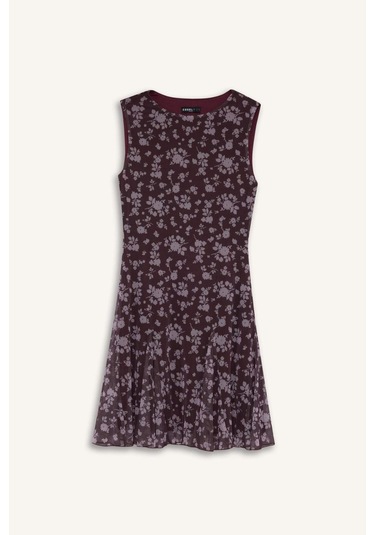 Defacto Coool Bisiklet Yaka Desenli Tül Kolsuz Mini Elbise F0415ax25wnbr232 Bordo