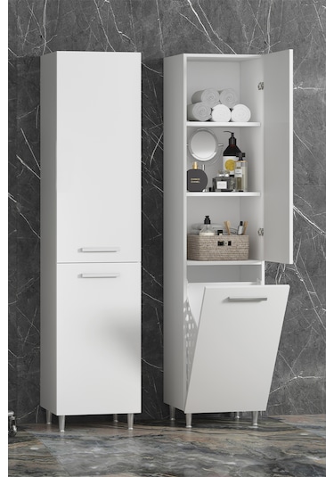 35 167 Cm Beyaz Mdf Ayaklı Sepetli Banyo Boy Dolabı Beyaz