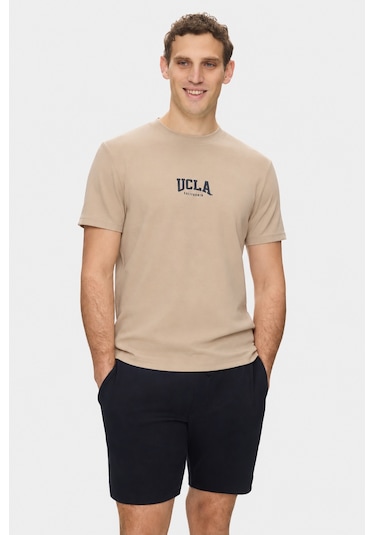 Ucla Angelo Koyu Bej Bisiklet Yaka Baskılı Yumuşak Dokulu Modal Kumaş Standard Fit Erkek Tshirt