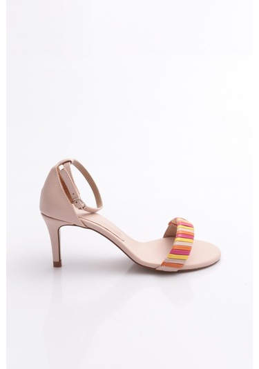 Dgn 5315 Kadin Bilekten Bağlama Renkli Şerit Topuklu Ayakkabi Bej Multi