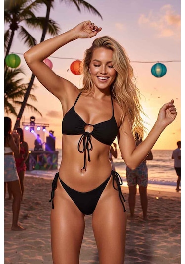 Angelsin Rib Dokulu Ön Ve Yan Bağcık Detaylı İpli Brezilya Bikini Takımı Siyah